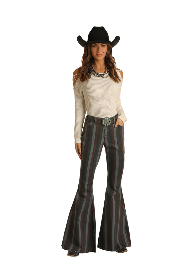 Women's Rock & Roll Maroon Stripe Bell Bottom Jean
