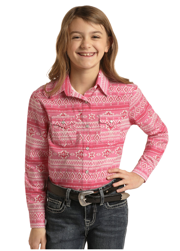 Girl's Panhandle Pink Aztec Print Long Sleeve Snap Shirt