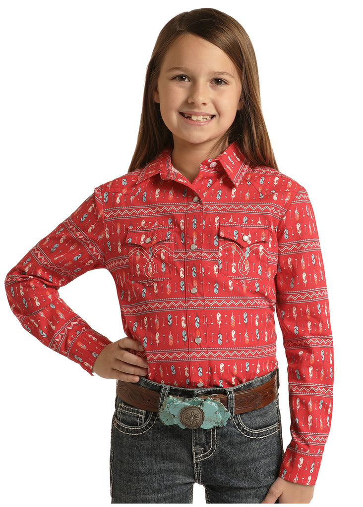 Girl's Panhandle Red Feather Print Long Sleeve Snap Shirt