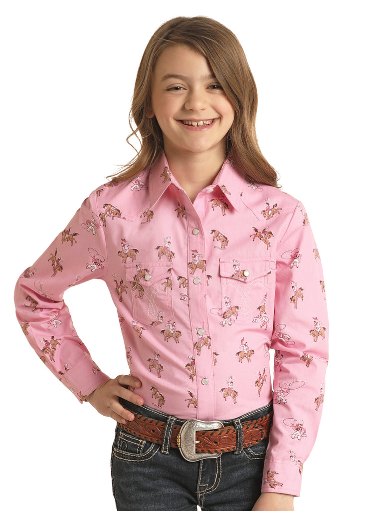 Girl's Panhandle Bronc Print Pink Snap Shirt