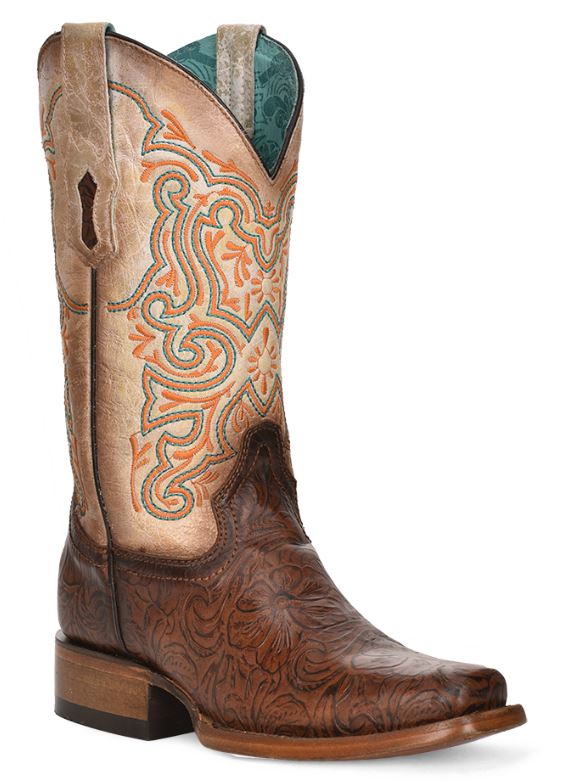 Women's Corral Brown/White Embroidered Square Toe Boot